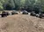A group of people with off-road vehicles are gathered on a rocky trail surrounded by trees, likely taking a break from riding.