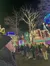 The image shows a festive outdoor scene with people admiring elaborate holiday light displays on buildings and trees.