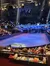 The image shows a large indoor theater or arena with people seated, facing a well-lit stage or performance area decorated with rocky formations.