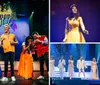 A group of performers on stage dressed in colorful costumes are energetically engaged in a lively act with one holding a sign that reads How to Succeed in Branson Shows