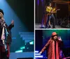 A performer dressed in a red and black patterned outfit and hat is on stage under colorful lights gesturing expressively
