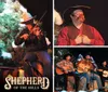 A trio of musicians in cowboy hats perform with acoustic instruments on stage and a small inset shows a child enjoying a meal