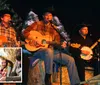 A trio of musicians in cowboy hats perform with acoustic instruments on stage and a small inset shows a child enjoying a meal