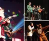 Three people are performing on stage energetically dancing and wearing colorful hoodies and festive pants