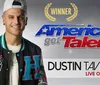 The image features a smiling person wearing a cap and jacket with text announcing them as the winner of Americas Got Talent and their name is Dustin Tavella