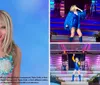A woman in a sparkly outfit poses with one arm raised against a blue background with text indicating its an unofficial tribute event