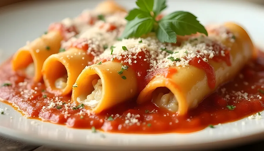 Four cannelloni pieces covered in tomato sauce, garnished with parmesan and herbs.