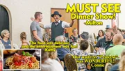 A lively dinner show scene with an engaging performer and guests enjoying their meals, accompanied by positive reviews praising the food, entertainment, and service.