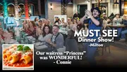 The image features a group of people dressed in 1920s-style attire enjoying a dinner show, with text reviews praising the performance and service, alongside an inset of rolled pasta with sauce.