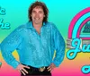 A person in a sparkling blue shirt is featured on a colorful background advertising Music from the 70s 80s 90s with the phrase Jukebox Live