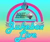 A person in a sparkling blue shirt is featured on a colorful background advertising Music from the 70s 80s 90s with the phrase Jukebox Live