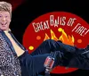 A person in a leopard print jacket poses energetically in front of a stylized Great Balls of Fire background with flames and a microphone