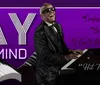 The image shows a person playing the piano with the text RAY ON MY MIND against a purple backdrop featuring stylized piano keys