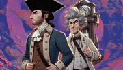 The image features two animated characters, one dressed in historical attire and the other in a lab coat with spiky hair, standing in front of a futuristic machine with a clock.