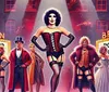 The image is a colorful theatrical poster for The Rocky Horror Picture Show featuring an ensemble cast in flamboyant costumes standing confidently on stage
