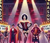 The image is a colorful theatrical poster for The Rocky Horror Picture Show featuring an ensemble cast in flamboyant costumes standing confidently on stage