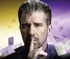 A man is holding his finger to his lips in a shushing gesture surrounded by floating cards and astrological symbols on a gradient purple and yellow background