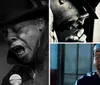 The image features a black-and-white close-up of a man passionately singing into a microphone with an inset color photo of a man in a police uniform excitedly shouting