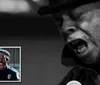 The image features a black-and-white close-up of a man passionately singing into a microphone with an inset color photo of a man in a police uniform excitedly shouting
