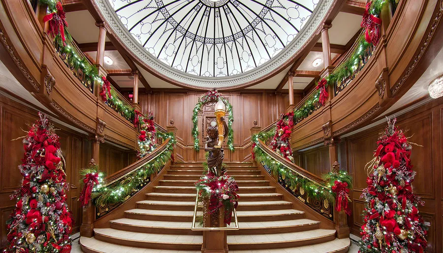 A grand staircase is ornately decorated with festive greenery, red ribbons, and lights, beneath a large dome ceiling.