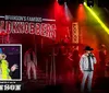 The image shows a lively stage performance by Bransons Famous Baldknobbers featuring colorful lighting and musicians with an inset displaying an entertainer in vibrant attire