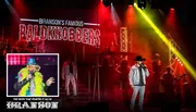 The image shows a lively stage performance by Branson's Famous Baldknobbers, featuring colorful lighting and musicians, with an inset displaying an entertainer in vibrant attire.