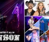 The image shows a lively stage performance by Bransons Famous Baldknobbers featuring colorful lighting and musicians with an inset displaying an entertainer in vibrant attire