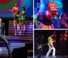 A lively performance is taking place on stage with a group of singers and dancers dressed in vibrant costumes set against a backdrop featuring a large clock