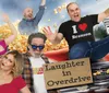The image features a group of people joyfully posing in front of an exploding popcorn scene with a Laughter in Overdrive sign and a Missouri Route 76 sign in the background