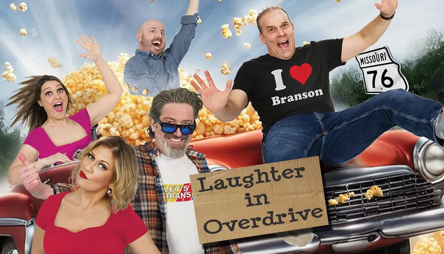 The image features a group of people joyfully posing in front of an exploding popcorn scene with a Laughter in Overdrive sign and a Missouri Route 76 sign in the background.