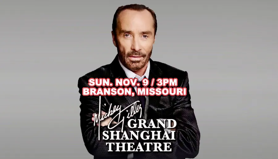 The image is a promotional poster for an event at the Mickey Gilley Grand Shanghai Theatre in Branson, Missouri, on Sunday, November 9 at 3 PM.
