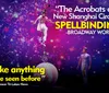 The image shows an acrobat balancing on a unicycle on top of a giant ball with colorful glowing background and quotes praising the New Shanghai Circus