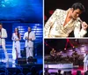 A group of performers in white outfits sings on stage accompanied by musicians while an audience watches