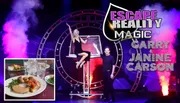 A stage performer and magician are posing in front of a dramatic backdrop with colorful smoke effects, while an inset shows a plated meal and glasses on a table.