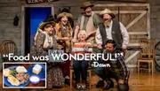 The image depicts a lively scene with five people dressed in Western-style costumes at a dinner theater, expressing exaggerated emotions of joy, alongside a quote saying