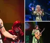 A musician dressed in a colorful vintage-style costume is performing on stage with a guitar