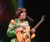 A musician dressed in a colorful vintage-style costume is performing on stage with a guitar