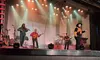 A lively band performs on stage under colorful lighting, with a singer, violinist, guitarist, and drummer.