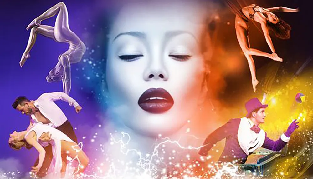 The image is a colorful collage featuring various performers including dancers an acrobat and a portrait of a womans face evoking a sense of dynamic artistic expression