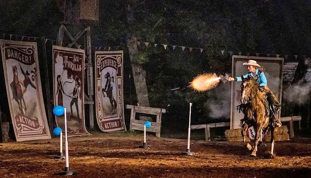 A person on horseback is engaged in a western-themed performance dramatically firing a long-barreled gun with a visible flame and smoke emanating from it