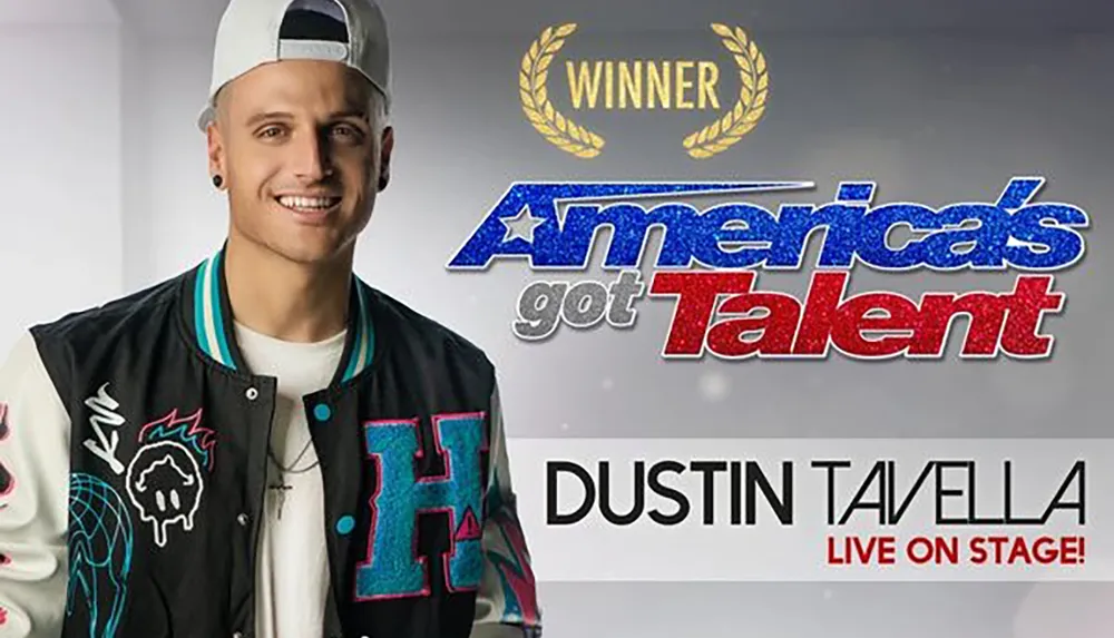 The image features a smiling person wearing a cap and jacket with text announcing them as the winner of Americas Got Talent and their name is Dustin Tavella