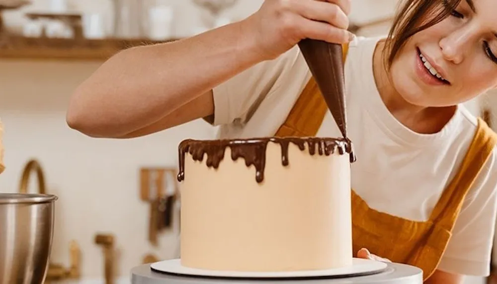 A person is meticulously decorating a cake by applying a chocolate glaze around the top edge to create a dripping effect