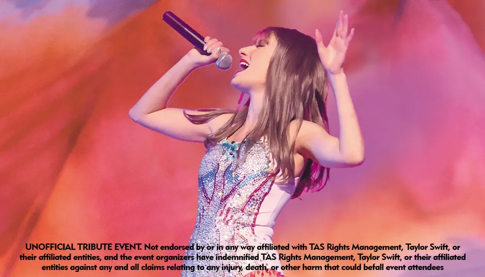 A woman in a sparkling outfit passionately sings into a microphone against a colorful background with text indicating its an unofficial tribute event