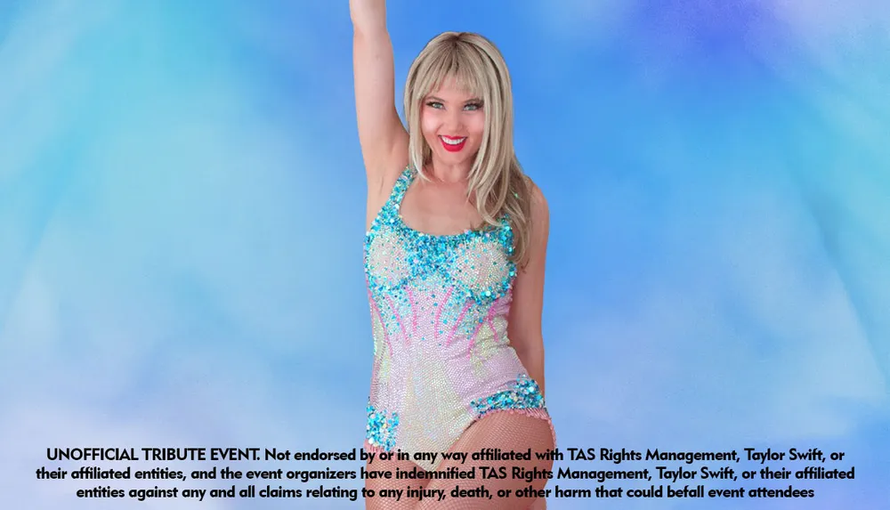 A woman in a sparkly outfit poses with one arm raised against a blue background with text indicating its an unofficial tribute event