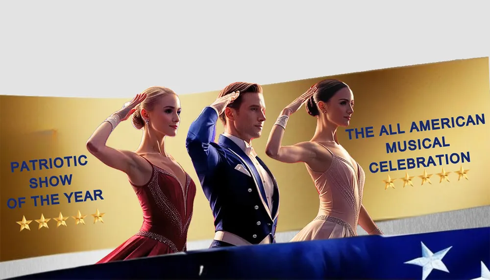 Three performers in formal attire stand in a salute against a backdrop promoting a patriotic musical celebration