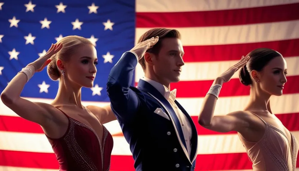 Three elegantly dressed dancers pose with salutes against the backdrop of the American flag