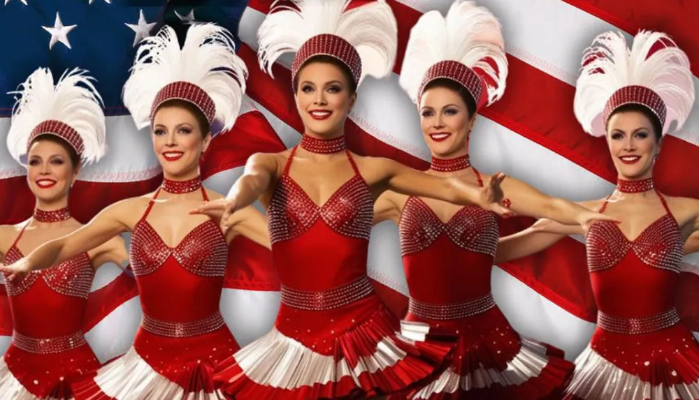 A group of five performers in coordinated red costumes with feathered headpieces poses against a backdrop of the American flag