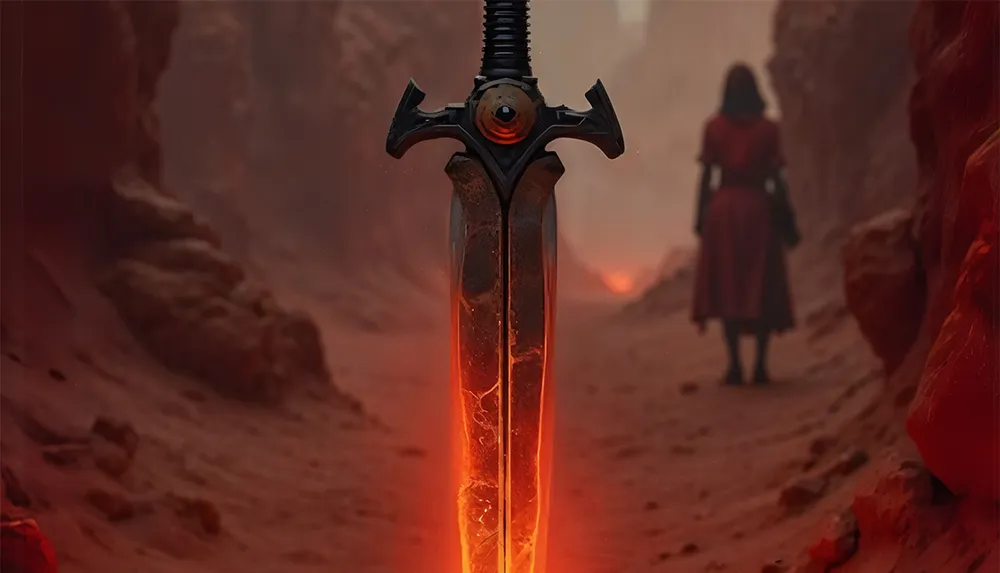 A glowing sword is embedded in the ground in a rocky red-hued canyon with a figure in red standing in the distance