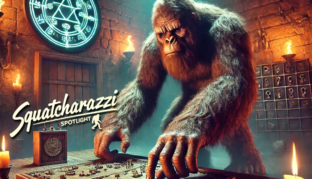 A large furry creature is examining a mystical board game in a dimly lit ancient-looking room with magical symbols on the wall