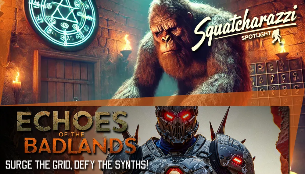 The image is divided into two sections with the top showing a large ape-like creature in a mystical setting labeled Squatcharazzi Spotlight and the bottom featuring a robotic warrior with text Echoes of the Badlands Surge the Grid Defy the Synths